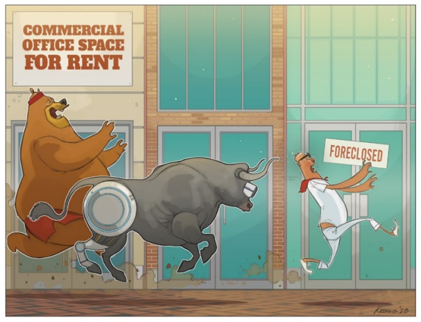 Bear and bull chase man with foreclosure sign.