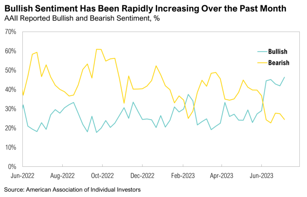 Bullish sentiment rising, bearish declining over twelve months.