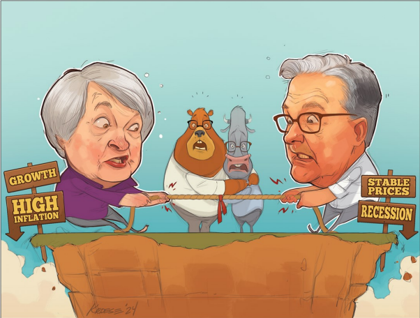 Cartoon depicting inflation versus recession tug-of-war.
