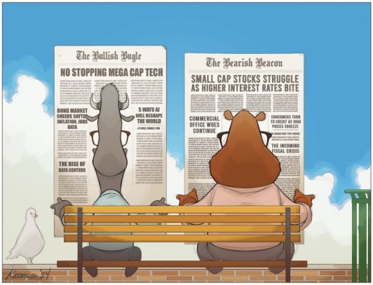 Bull and bear reading financial newspapers on bench.
