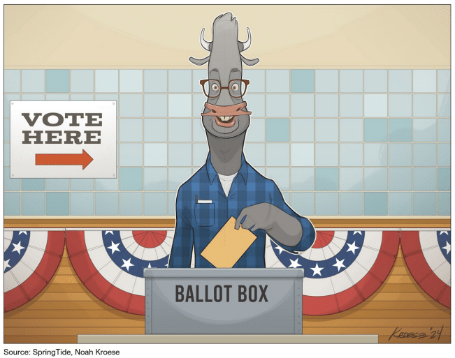 A cartoon deer voting at a ballot box in a decorated polling station, promoting civic engagement and voting rights.