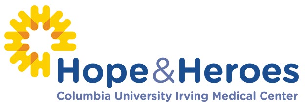 Hope & Heroes logo, Columbia University Irving Medical Center, yellow abstract design beside blue text.