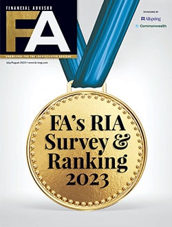 FA's RIA Survey & Ranking 2023 gold medal on a magazine cover, showcasing financial advisor rankings and insights.