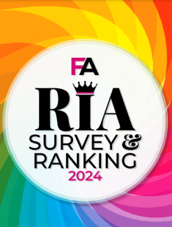 Colorful logo for FA RIA Survey & Ranking 2024, with a crown above RIA and vibrant rainbow backdrop.