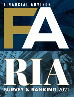 Financial Advisor RIA Survey and Ranking 2021 cover, featuring large FA and RIA text with city building background.