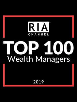 RIA Channel 2019 Top 100 Wealth Managers Award Badge on Black Background