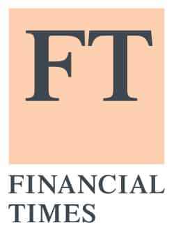 Financial Times logo, featuring large 'FT' initials on a light pink background, symbolizing global financial news coverage.