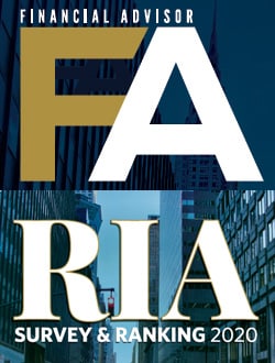 Financial Advisor RIA Survey & Ranking 2020 cover featuring urban skyscrapers in background.