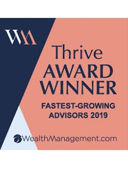 Thrive Award Winner 2019 badge for fastest-growing advisors by WealthManagement.com.