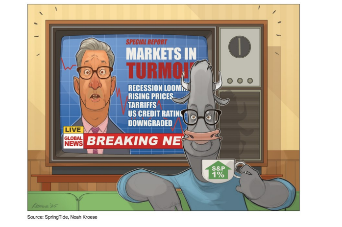 Cartoon of bull with TV news on market turmoil.