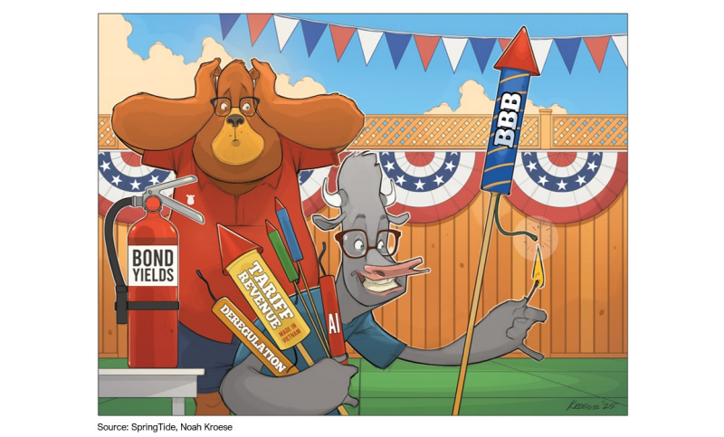 Economy-themed cartoon with bull and bear lighting fireworks.