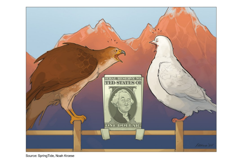 Eagle and dove arguing over dollar bill.