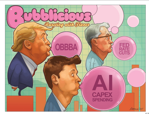 Caricature of leaders blowing economic bubbles.