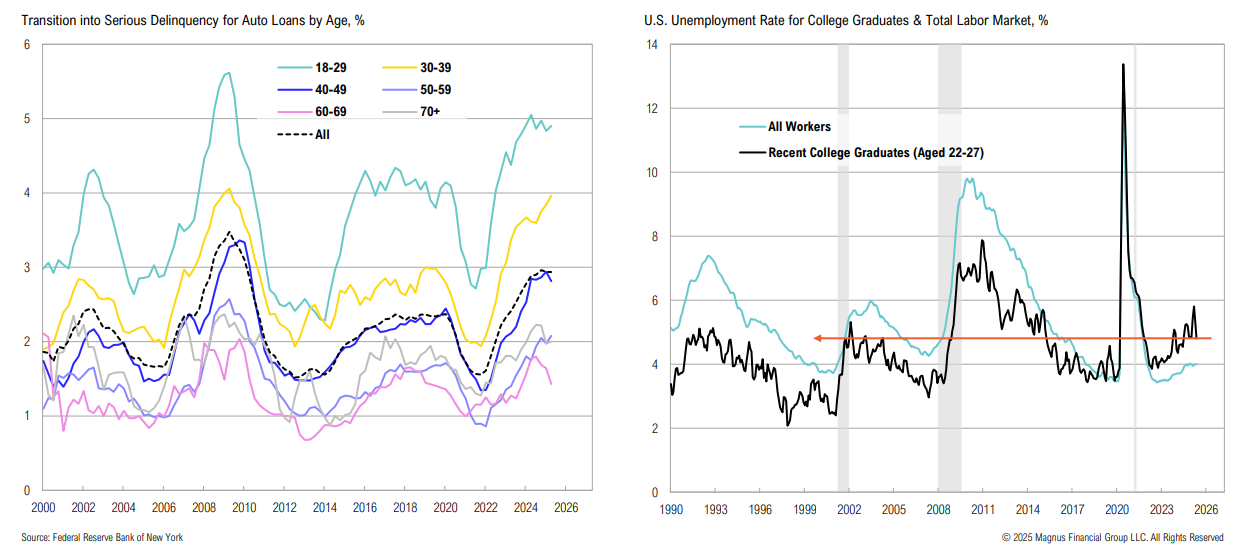 Charts of auto loan delinquency, unemployment by age, 2025.
