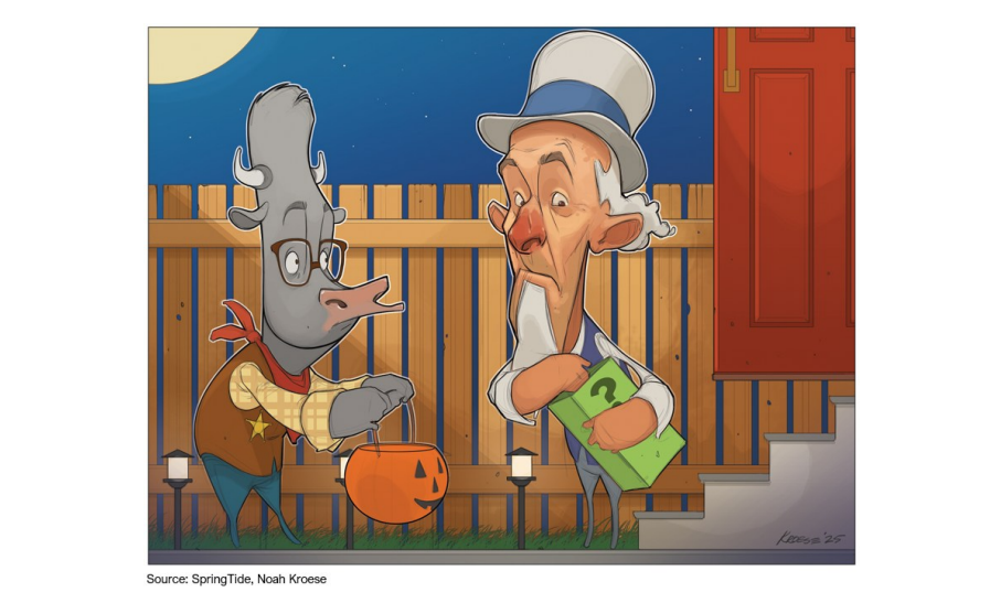 Cartoon of cowboy moose trick-or-treating with elderly man.