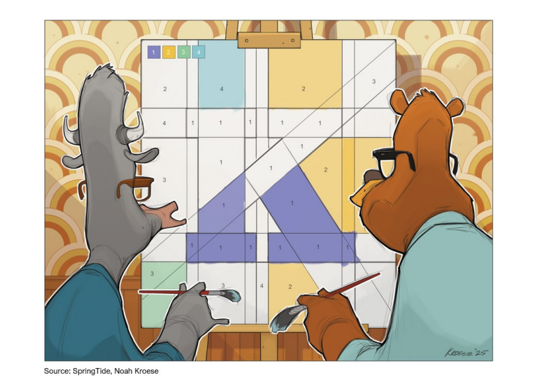 Animals painting by numbers on large canvas.