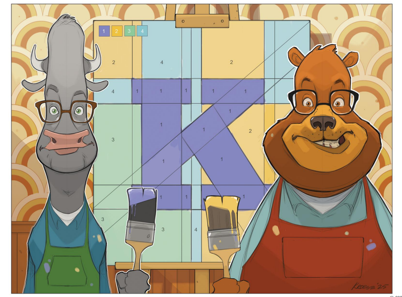 Cartoon animals painting color-by-number on canvas