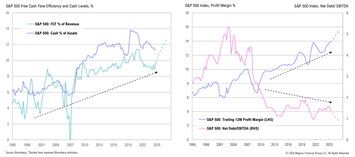 S&P 500 free cash flow and profit margin trends.