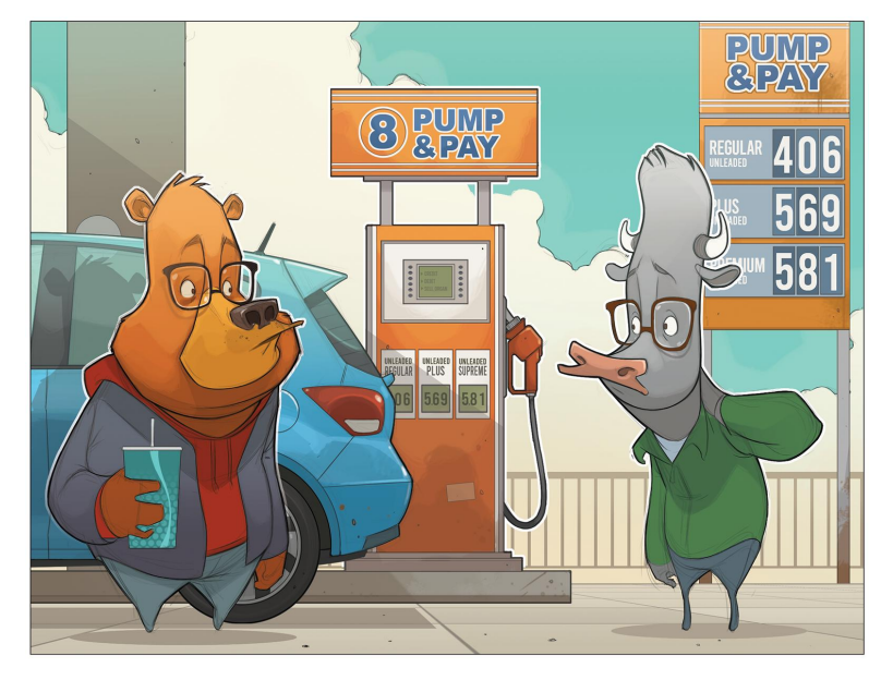 Cartoon bear and duck at gas pump