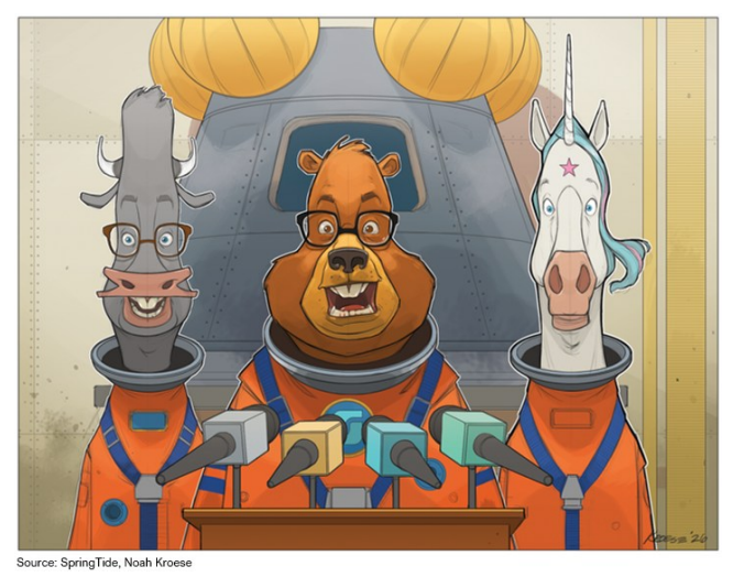 Cartoon animals in astronaut suits at press conference