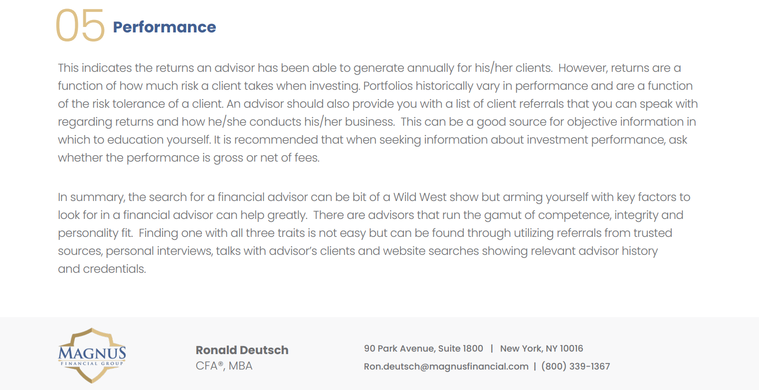 Performance section of financial advisor guide